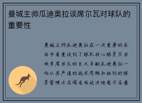 曼城主帅瓜迪奥拉谈席尔瓦对球队的重要性